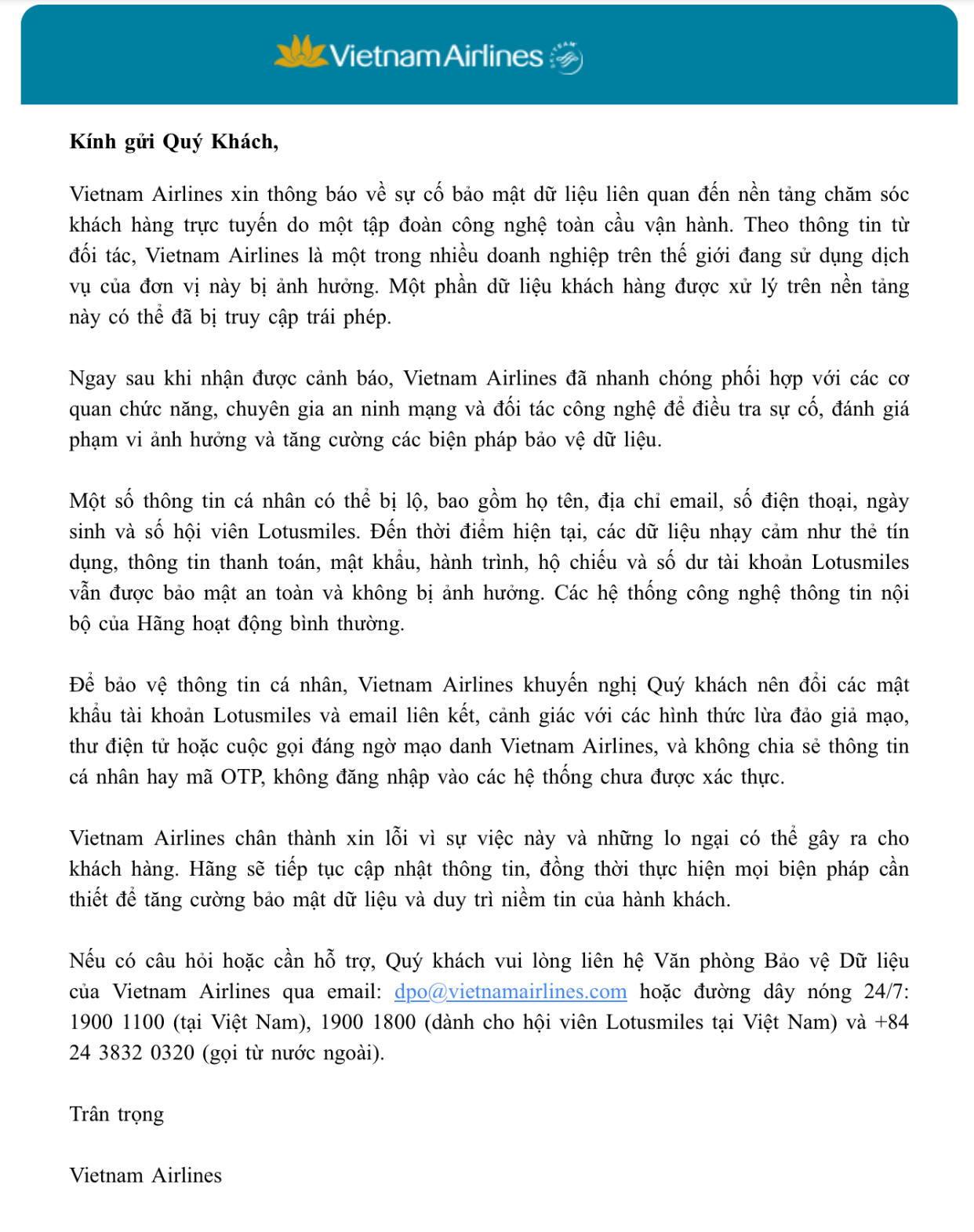 Vietnam Airlines khẳng định thông tin thẻ tín dụng, số dư tài khoản,...của khách hàng vẫn an toàn sau sự cố bảo mật, khuyến nghị đổi mật khẩu- Ảnh 1.