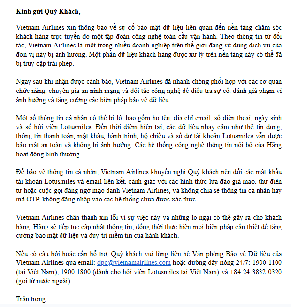 Vietnam Airlines gặp sự cố bảo mật dữ liệu, gửi email khẩn cho khách hàng- Ảnh 1.